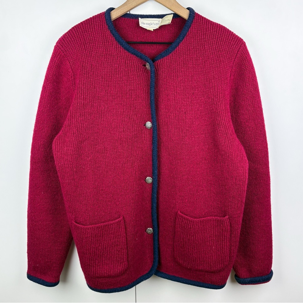 Vintage 100% Wool Button Front Cardigan Sweater Berry Red Navy Blue Medium